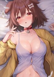 Rule 34 | 1girl, absurdres, animal ears, blush, bone hair ornament, braid, breasts, brown eyes, brown hair, camisole, cleavage, collar, collarbone, commentary request, dog ears, dog girl, extra ears, flower, hair between eyes, hair ornament, hands up, highres, hololive, inugami korone, inugami korone (1st costume), jacket, large breasts, long sleeves, looking at viewer, lying, navel, on back, open clothes, open jacket, open mouth, parted lips, petals, red collar, short hair, single bare shoulder, solo, tataki worker, twin braids, upper body, virtual youtuber, white camisole, white flower, yellow jacket