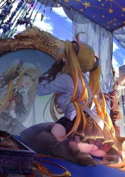 Rule 34 | 1girl, ahoge, amazon (azur lane), ass, azur lane, bed, black thighhighs, blonde hair, blue eyes, curtains, gloves, hair ornament, hanababy91, long hair, looking at mirror, mirror, open mouth, panties, reflection, sitting, solo, thighhighs, twintails, underwear, white panties