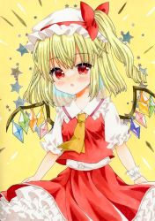 Rule 34 | 1girl, ascot, blonde hair, bow, flandre scarlet, hat, looking at viewer, mob cap, red bow, red eyes, short sleeves, skirt, solo, star (symbol), starry background, touhou, traditional media, wings, yellow background, zenra1112