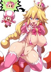 Rule 34 | 2girls, arrow (symbol), bikini, blue eyes, boots, bow, braid, breasts, clothing cutout, earrings, elbow gloves, fingerless gloves, gloves, groin, heart cutout, high heel boots, high heels, highres, jewelry, konno tohiro, large breasts, looking at viewer, mario (series), multiple girls, navel, new super mario bros. u deluxe, nintendo, open mouth, peachette, pearl earrings, pink bow, pink footwear, shrug (clothing), simple background, super crown, super mushroom, swimsuit, thigh boots, thighhighs, toadette, tongue, tongue out, transformation, twin braids, white background, white gloves