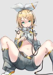 Rule 34 | 1girl, ass, bare shoulders, belt, blonde hair, bow, detached sleeves, flat chest, green eyes, grey jacket, grey leg warmers, grey shirt, hair bow, hair ornament, hairclip, head tilt, headphones, headset, high collar, highres, jacket, kagamine rin, lifted by self, mouth hold, mutomorokoshi, navel, neon trim, shirt, shoes, short hair, shorts, sitting, sneakers, solo, spread legs, vocaloid, white footwear, yellow belt, yellow nails, zipper, zipper pull tab