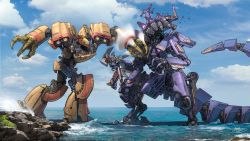Rule 34 | ark (transformers), autobot, clenched hands, commentary, decepticon, english commentary, fighting, highres, holding, kamitoge supino, mecha, mechanization, nemesis (transformers), no humans, omega supreme, open mouth, photo background, punching, redesign, robot, sharp teeth, teeth, transformers, trypticon, visor, yellow eyes