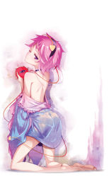 Rule 34 | 1girl, back, bare back, bare shoulders, barefoot, bottomless, bow, choker, eyeball, female focus, from behind, hairband, heart, highres, hong (white spider), kneeling, komeiji satori, looking back, no pants, off shoulder, one eye closed, open mouth, pink hair, purple eyes, short hair, skirt, solo, third eye, touhou, undressing, wink