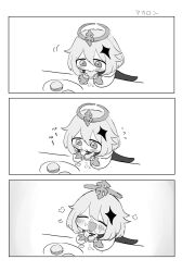 Rule 34 | 1girl, blush, closed eyes, commentary request, eating, food, food on face, genshin impact, greyscale, happy, highres, monochrome, paimon (genshin impact), roku s3, sitting, solo, table