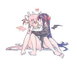 Rule 34 | 2girls, akemi homura, akuma homura, arms around waist, bare legs, barefoot, black jacket, black wings, blush, closed eyes, crazycat47, demon wings, embarrassed, flying sweatdrops, full body, furrowed brow, hair between eyes, hair ribbon, hands up, heart, jacket, kaname madoka, kiss, kissing cheek, knees together feet apart, legs together, long hair, mahou shoujo madoka magica, mahou shoujo madoka magica: hangyaku no monogatari, mini wings, multiple girls, nervous, no mouth, no nose, on ground, pink hair, pink wings, purple hair, red ribbon, ribbon, shy, side-by-side, simple background, single wing, sitting, straight hair, two side up, ultimate madoka, very long hair, white background, white jacket, white ribbon, wings