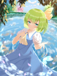 Rule 34 | 1girl, absurdres, anima miko, ascot, blue dress, blue eyes, breasts, closed mouth, collared shirt, daiyousei, dress, fairy wings, gesture, green hair, happy, highres, long dress, pinafore dress, ponytail, puffy short sleeves, puffy sleeves, shirt, short hair, short sleeves, sleeveless dress, small breasts, smile, touhou, upper body, white shirt, wings, yellow ascot