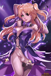 Rule 34 | 1girl, arms behind head, bare shoulders, black thighhighs, blonde hair, breasts, breasts apart, center opening, cowboy shot, detached collar, elbow gloves, erection, exlic, eyepatch, fischl (genshin impact), futanari, genshin impact, gloves, green eyes, highres, lips, long hair, looking at viewer, navel, nose, open clothes, parted bangs, patreon username, penis, pink neckwear, purple background, single thighhigh, small breasts, smile, solo, testicles, thighhighs, two side up, uncensored