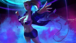 Rule 34 | 1girl, akali, black shorts, blonde hair, blue eyes, breasts, chain, chain necklace, collarbone, commentary, cowboy shot, english commentary, fingernails, foreshortening, highres, holding, holding jewelry, holding necklace, jacket, jewelry, k/da (league of legends), k/da akali, large breasts, league of legends, lolliedrop, navel, necklace, outstretched arm, parted lips, short shorts, shorts, signature, solo, taut clothes, watermark, web address