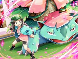 Rule 34 | 1girl, ayo (ayosanri009), bike shorts, brown eyes, brown hair, bucket hat, buttons, camouflage, camouflage headwear, clenched hands, commentary request, creatures (company), day, eyelashes, game freak, gen 1 pokemon, green jacket, hair flaps, hat, jacket, leaf (pokemon), leaf (sygna suit) (pokemon), legs apart, long hair, long sleeves, mega pokemon, mega venusaur, nintendo, official alternate costume, open clothes, open jacket, open mouth, oversized clothes, oversized shirt, petals, pink shirt, pokemon, pokemon (creature), pokemon masters ex, shirt, shoes, smile, sparkle, stadium, standing, teeth, tongue, upper teeth only, venusaur