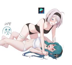 Rule 34 | 2girls, absurdres, ahoge, artist request, bandaged arm, bandaged leg, bandages, bare arms, bare legs, bare shoulders, barefoot, black hairband, black panties, blue eyes, blue hair, blush, breasts, character request, check copyright, cleavage, collarbone, commission, copyright request, crop top, foot out of frame, grey hair, hairband, highres, kneeling, looking at another, lying, midriff, multiple girls, navel, on back, open clothes, original, panties, red eyes, second-party source, short hair, simple background, small breasts, sports bra, stomach, thighs, underwear, white background, white panties, yuri
