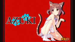 Rule 34 | 1girl, :3, \||/, animal ear fluff, animal ears, azuki (nekopara), bare arms, bare shoulders, bell, between legs, blue sailor collar, blush, bow, brown eyes, brown hair, cat ears, cat girl, cat tail, character name, choker, closed mouth, commentary request, copyright name, dress, drop shadow, eyes visible through hair, full body, gluteal fold, hand between legs, hand up, highres, jingle bell, lace, lace-trimmed panties, lace trim, looking to the side, medium hair, neck bell, nekopara, no shoes, panties, pantyshot, parted bangs, paw pose, paw print, raiz art works, red bow, red choker, red ribbon, ribbon, sailor collar, sailor dress, simple background, sleeveless, sleeveless dress, slit pupils, smile, socks, solo, split mouth, squatting, straight hair, striped tail, tail, tail raised, thighs, two side up, underwear, white dress, white panties, white socks