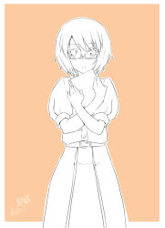 Rule 34 | 1girl, blush, butter-t, glasses, looking at viewer, monochrome, orange theme, short hair, simple background, solo