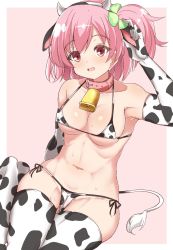 Rule 34 | 1girl, animal ears, animal print, assault lily, bell, bikini, blush, breasts, cameltoe, chinese zodiac, cleft of venus, collar, collarbone, covered erect nipples, cow ears, cow horns, cow print, cow tail, elbow gloves, fake animal ears, fake horns, fake tail, gloves, highres, hitotsuyanagi riri, horns, looking at viewer, mak066, navel, neck bell, open mouth, pink hair, red eyes, short hair, small breasts, smile, solo, swimsuit, tail, thighhighs, year of the ox