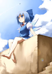 Rule 34 | 1girl, absurdres, aircraft, airplane, barefoot, blue eyes, blue hair, blush, bow, cirno, contrail, day, dress, feet, hair bow, highres, lens flare, marotang, matching hair/eyes, short hair, sitting, sky, solo, touhou, wings