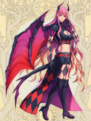 Rule 34 | 1girl, bad id, bad pixiv id, black legwear, breasts, character request, cleavage, cleavage cutout, clothing cutout, clutch2130, dairoku ryouhei, full body, horns, large breasts, long hair, looking at viewer, official art, pink hair, red eyes, solo, standing, wings