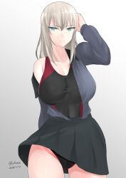 Rule 34 | 10s, 1girl, absurdres, black skirt, blue eyes, breasts, closed mouth, commentary request, cowboy shot, dress shirt, girls und panzer, gradient background, grey background, grey shirt, hand on own head, highres, irukatto, itsumi erika, large breasts, leotard, long hair, long sleeves, miniskirt, pleated skirt, shirt, silver hair, skirt, solo, standing