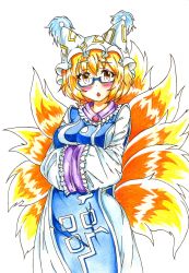 Rule 34 | 1girl, absurdres, bespectacled, blonde hair, blush, breasts, brown eyes, chestnut mouth, dress, female focus, fox tail, glasses, goku (acoloredpencil), gokuu (acoloredpencil), hands in opposite sleeves, hat, highres, large breasts, long sleeves, looking at viewer, multiple tails, semi-rimless eyewear, short hair, solo, tabard, tail, touhou, traditional media, wide sleeves, yakumo ran