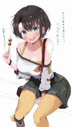 Rule 34 | 1girl, absurdres, aqua eyes, arm between legs, bare shoulders, belt, bra, bra peek, breasts, brown hair, casual, cleavage, collarbone, food, green skirt, highres, holding, holding food, hololive, invisible chair, kuno (kc9s), large breasts, looking at viewer, off-shoulder shirt, off shoulder, oozora subaru, open mouth, pantyhose, shirt, shirt tucked in, short hair, simple background, sitting, skirt, smile, solo, strapless, strapless shirt, translation request, underwear, virtual youtuber, white background, yellow pantyhose