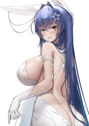 Rule 34 | 1girl, absurdres, animal ears, ass, azur lane, backless dress, backless outfit, between buttocks, blue eyes, blue hair, breasts, bridal gauntlets, bridal veil, butt crack, dress, elbow gloves, fake animal ears, gloves, hair intakes, hair ornament, highres, irkawaza, large breasts, long hair, looking at viewer, new jersey (azur lane), new jersey (snow-white ceremony) (azur lane), simple background, solo, star (symbol), star hair ornament, upper body, veil, very long hair, wedding dress, white background, white dress, white gloves