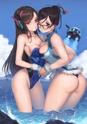 Rule 34 | 2girls, adapted costume, ass, asymmetrical docking, bare shoulders, beads, black-framed eyewear, blue one-piece swimsuit, blue sky, blush, breast press, breasts, brown eyes, brown hair, cheek-to-cheek, cleavage, cleavage cutout, closed mouth, clothing cutout, cloud, cloudy sky, collarbone, commentary request, contrapposto, cowboy shot, d.va (overwatch), day, drone, earrings, eyelashes, fingernails, from side, fur-trimmed swimsuit, fur trim, glasses, groin, hair between eyes, hair bun, hair ornament, hair stick, headphones, heads together, highleg, highleg swimsuit, highres, holding hands, island, jewelry, large breasts, legs, long fingernails, long hair, looking at viewer, medium breasts, mei (overwatch), mhk (mechamania), multiple girls, ocean, one-piece swimsuit, outdoors, overwatch, overwatch 1, parted lips, pink lips, ribbed swimsuit, robot, rock, short hair, sidelocks, single hair bun, skin tight, sky, snowball (overwatch), snowflake hair ornament, splashing, standing, strapless, strapless one-piece swimsuit, stud earrings, swept bangs, swimsuit, thighs, thong, very long hair, water, water drop, wet, wrist cuffs
