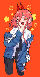 Rule 34 | 1girl, absurdres, black necktie, black pants, blue jacket, blush, chainsaw man, collared shirt, cross-shaped pupils, eyes visible through hair, hair between eyes, highres, horns, jacket, jacket partially removed, long hair, looking at viewer, necktie, off shoulder, open mouth, orange background, osakechan0, pants, pink hair, power (chainsaw man), red horns, sharp teeth, shirt, shirt tucked in, simple background, smile, solo, symbol-shaped pupils, teeth, white shirt, yellow eyes