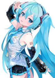 Rule 34 | 1girl, black skirt, blue eyes, blue hair, blue nails, blue necktie, detached sleeves, from side, hatsune miku, headset, highres, long hair, looking at viewer, necktie, number tattoo, pleated skirt, shirt, simple background, skirt, smile, solo, takepon1123, tattoo, tongue, tongue out, v, vocaloid, white background, white shirt