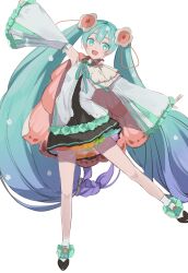 Rule 34 | 1girl, aqua eyes, aqua hair, blue hair, dress, frilled sleeves, frills, gradient hair, hatsune miku, highres, long hair, mishio (misio 40), multicolored hair, simple background, smile, solo, standing, standing on one leg, twintails, very long hair, vocaloid, white background, wide sleeves