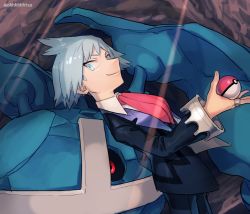 Rule 34 | 1boy, black jacket, black pants, blue eyes, cave interior, closed mouth, collared shirt, commentary request, creatures (company), game freak, gen 3 pokemon, grey hair, hand up, holding, holding poke ball, jacket, jewelry, light rays, long sleeves, male focus, metagross, necktie, nintendo, ohhhhhhtsu, pants, pink neckwear, poke ball, poke ball (basic), pokemon, pokemon (creature), pokemon oras, ring, shirt, short hair, smile, standing, steven stone, twitter username, white shirt
