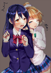 Rule 34 | 10s, 2girls, ^^^, anmiko, ayase eli, blazer, blonde hair, blue eyes, blue hair, blush, bow, brown background, jacket, long hair, love live!, love live! school idol project, multiple girls, one eye closed, open mouth, pleated skirt, ponytail, school uniform, scrunchie, simple background, skirt, sonoda umi, sweater, wink, yellow eyes