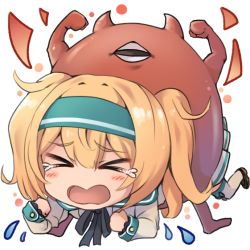 Rule 34 | &gt; &lt;, 1girl, abyssal ship, ahoge, alternate costume, blonde hair, blush, breasts, crying, dyson (edaokunnsaikouya), enemy lifebuoy (kancolle), flexing, gambier bay (kancolle), hair between eyes, hairband, kantai collection, large breasts, long hair, long sleeves, neck ribbon, open mouth, ribbon, sidelocks, simple background, stuck, tears, twintails, white background