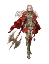 Rule 34 | 1girl, armor, axe, boobplate, breastplate, breasts, cape, closed mouth, edelgard von hresvelg, fire emblem, fire emblem: three houses, fire emblem warriors, fire emblem warriors: three hopes, full body, gloves, hair ornament, highres, john dimayuga, long hair, long sleeves, looking at viewer, nintendo, official alternate costume, official alternate hairstyle, purple eyes, red cape, simple background, skirt, solo, white hair