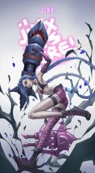 Rule 34 | 1girl, absurdres, belt, belt skirt, bikini, bikini top only, braid, fingerless gloves, flat chest, gloves, highres, jewelry, jinx (league of legends), league of legends, long hair, necklace, over shoulder, pink eyes, single thighhigh, smile, swimsuit, tattoo, thighhighs, twin braids, very long hair, weapon, weapon over shoulder