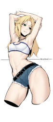 Rule 34 | 1girl, absurdres, armpits, arms up, bandeau, belt, black belt, blonde hair, blush, breasts, character name, commentary request, cropped legs, cutoffs, denim, denim shorts, expressionless, fate/apocrypha, fate (series), green eyes, highres, long hair, looking away, mordred (fate), mordred (fate/apocrypha), mordred (memories at trifas) (fate), navel, shorts, simple background, small breasts, solo, takatun223, thighs, white background
