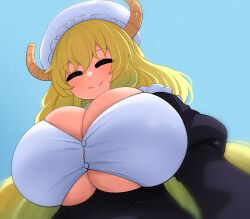 Rule 34 | 1girl, absurdres, blonde hair, blue sky, breasts, bursting breasts, cleavage, closed eyes, closed mouth, day, dragon horns, from below, highres, horns, huge breasts, kobayashi-san chi no maidragon, long hair, long sleeves, lucoa (maidragon), maid headdress, sky, smile, solo, sweat, the only shoe, underboob, upper body