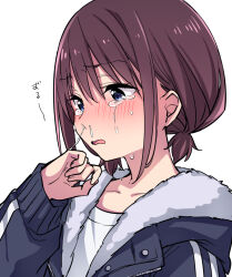 Rule 34 | 1girl, blue eyes, blue jacket, blush, brown hair, collarbone, commentary request, crying, crying with eyes open, girls band cry, hood, hood down, hooded jacket, iseri nina, jacket, low twintails, open mouth, shirt, short hair, short twintails, sidelocks, simple background, sk02, snot, solo, tears, translation request, twintails, upper body, white background, white shirt