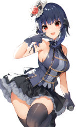 Rule 34 | 1girl, :d, akizone, arm strap, armpits, au ra, bare shoulders, black gloves, black skirt, black thighhighs, blue hair, borrowed character, breasts, fictional persona, final fantasy, final fantasy xiv, flower, gloves, hat, highres, holding, holding microphone, layered skirt, looking at viewer, medium breasts, microphone, mini hat, miniskirt, open mouth, original, red eyes, red flower, red rose, renz (rirene rn), rose, shirt, short hair, simple background, skirt, sleeveless, sleeveless shirt, smile, solo, thighhighs, v, warrior of light (ff14), white background, white hat, zettai ryouiki