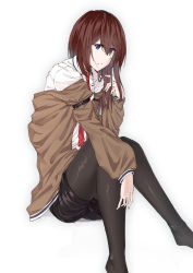 Rule 34 | 1girl, absurdres, belt, belt buckle, black pantyhose, blue eyes, breast pocket, brown hair, buckle, closed mouth, collared shirt, commentary request, hair between eyes, haruyan, highres, jacket, knees up, pantyhose under shorts, long hair, looking at viewer, makise kurisu, necktie, no shoes, off-shoulder jacket, off shoulder, open clothes, open jacket, pantyhose, pocket, red necktie, sheep76, shirt, shorts, simple background, sitting, solo, steins;gate, white background