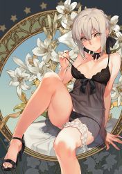 Rule 34 | 1girl, arm at side, arm support, art nouveau, artoria pendragon (all), artoria pendragon (fate), bare arms, bare legs, black footwear, black panties, black ribbon, blush, braid, breasts, bridal garter, chemise, choker, collarbone, crossed bangs, crown braid, fate/grand order, fate (series), feet out of frame, flower, french braid, grey hair, hair between eyes, hair ribbon, hand up, high heels, knee up, lace, lace trim, lily (flower), lingerie, looking at viewer, lowleg, lowleg panties, oneko, panties, parted lips, pulling own clothes, ribbon, ribbon choker, saber alter, see-through, short hair, sidelocks, sitting, small breasts, solo, strap pull, strap slip, strappy heels, string panties, thigh strap, toeless footwear, toes, underwear, underwear only, v-shaped eyebrows, white flower, yellow eyes