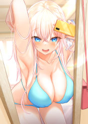 Rule 34 | 1girl, absurdres, armpits, arms up, bag, bikini, blonde hair, blue bikini, blue eyes, breasts, cellphone, cleavage, collarbone, commentary request, crossed bangs, hair between eyes, handbag, hanging breasts, highres, hina kurisu, holding, holding phone, large breasts, long hair, lower teeth only, mirror, open mouth, phone, reflection, selfie, smartphone, solo, standing, swimsuit, teeth, teltelhousi, thigh gap, unreal night girls, upper teeth only, virtual youtuber