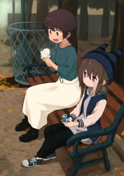 Rule 34 | 2girls, autumn, bench, blush, brown eyes, brown hair, can, closed mouth, collarbone, food, holding, holding can, holding food, long sleeves, looking away, multiple girls, okayparium, open mouth, original, red eyes, shoes, short hair, sitting, smile, sneakers, trash can