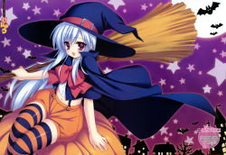 Rule 34 | 1girl, absurdres, bat (animal), blue hair, bow, broom, halloween, hat, highres, hip focus, jack-o&#039;-lantern, long hair, midriff, munyuu, navel, night, open mouth, pumpkin, sitting, solo, star (symbol), striped clothes, striped thighhighs, suspenders, thighhighs, very long hair, wide hips, witch, witch hat