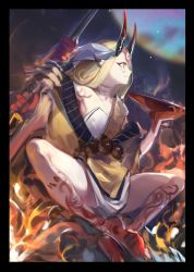 Rule 34 | 1girl, absurdres, bare shoulders, barefoot, closed mouth, cup, facial mark, fate/grand order, fate (series), flat chest, forehead mark, highres, holding, holding weapon, hoojiro, horns, ibaraki douji (fate), japanese clothes, kimono, profile, sakazuki, sitting, sketch, smile, solo, weapon, yellow kimono