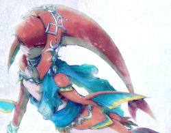 Rule 34 | 1girl, colored skin, fins, fish girl, hair ornament, jewelry, long hair, mipha, monster girl, multicolored skin, nintendo, no eyebrows, red hair, red skin, simple background, solo, the legend of zelda, the legend of zelda: breath of the wild, yellow eyes, yo mo, zora