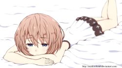 Rule 34 | 10s, 1girl, bare shoulders, bed, blanc (neptunia), blue eyes, brown hair, looking at viewer, lying, mashiroheart, neptune (series), on stomach, short hair, solo