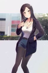 Rule 34 | 1girl, belt, black hair, black jacket, black pantyhose, blue shorts, blush, breasts, can, cleavage, coffee, collarbone, denim, denim shorts, green eyes, grin, hand in pocket, highres, idolmaster, idolmaster cinderella girls, jacket, jewelry, large breasts, long hair, long sleeves, looking at viewer, mukai takumi, necklace, open clothes, open jacket, pantyhose, parted bangs, ribbed shirt, shangzi, shirt, shorts, smile, solo, sparkle, white shirt