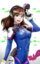 Rule 34 | 1girl, animal print, bad arm, blue bodysuit, bodysuit, breasts, brown eyes, brown hair, character name, clothes writing, covered erect nipples, cowboy shot, d.va (overwatch), emblem, facepaint, facial mark, gloves, gradient background, grey background, gun, handgun, headphones, high collar, holding, holding gun, holding weapon, long hair, looking at viewer, open mouth, overwatch, overwatch 1, pilot suit, pistol, rabbit print, ribbed bodysuit, shoulder pads, sketch, skin tight, small breasts, smile, solo, swept bangs, t.o (uiop789123456), weapon, whisker markings, white background, white gloves