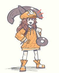 Rule 34 | 1girl, absurdres, anchor, ankle boots, boots, brown eyes, brown hair, commentary request, flat cap, guilty gear, guilty gear strive, han gong, hand on own hip, hat, highres, hood, hoodie, korean commentary, long hair, may (guilty gear), no pants, on shoulder, open mouth, orange footwear, orange hoodie, oversized clothes, simple background, sketch, skull print, solo, standing, teeth, upper teeth only, weapon, white background