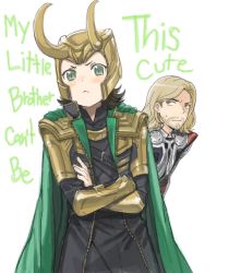 Rule 34 | 2boys, :&lt;, animification, avengers (series), bad id, bad pixiv id, black hair, blonde hair, blue eyes, brother, brothers, can&#039;t be this cute, cape, crossed arms, facial hair, green eyes, horns, loki (marvel), long hair, male focus, marvel, marvel cinematic universe, multiple boys, ore no imouto ga konna ni kawaii wake ga nai, parody, reammara, siblings, stubble, thor (marvel), what