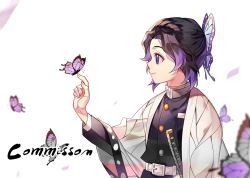 Rule 34 | 1girl, bad id, bad pixiv id, belt, black hair, bug, butterfly, butterfly hair ornament, commentary request, commission, from side, hair ornament, haori, insect, japanese clothes, katana, kimetsu no yaiba, kochou shinobu, long sleeves, parted bangs, purple butterfly, purple eyes, purple hair, sal gun, short hair, smile, solo, sword, uniform, weapon, white belt