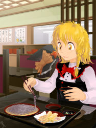 Rule 34 | 1girl, black capelet, black hat, black vest, blonde hair, bow, bowl, bowtie, braid, capelet, chopsticks, closed mouth, commentary request, dated, food, hair bow, hat, hat bow, highres, holding, holding bowl, holding chopsticks, indoors, kirisame marisa, long hair, long sleeves, looking down, meal, noodles, onion, orange bow, plate, red bow, red bowtie, shirt, side braid, signature, single braid, sitting, smile, soba, solo, soy sauce, star (symbol), table, tempura, touhou, tray, unworn hat, unworn headwear, upper body, vest, white bow, white shirt, witch hat, yellow eyes, yukiman